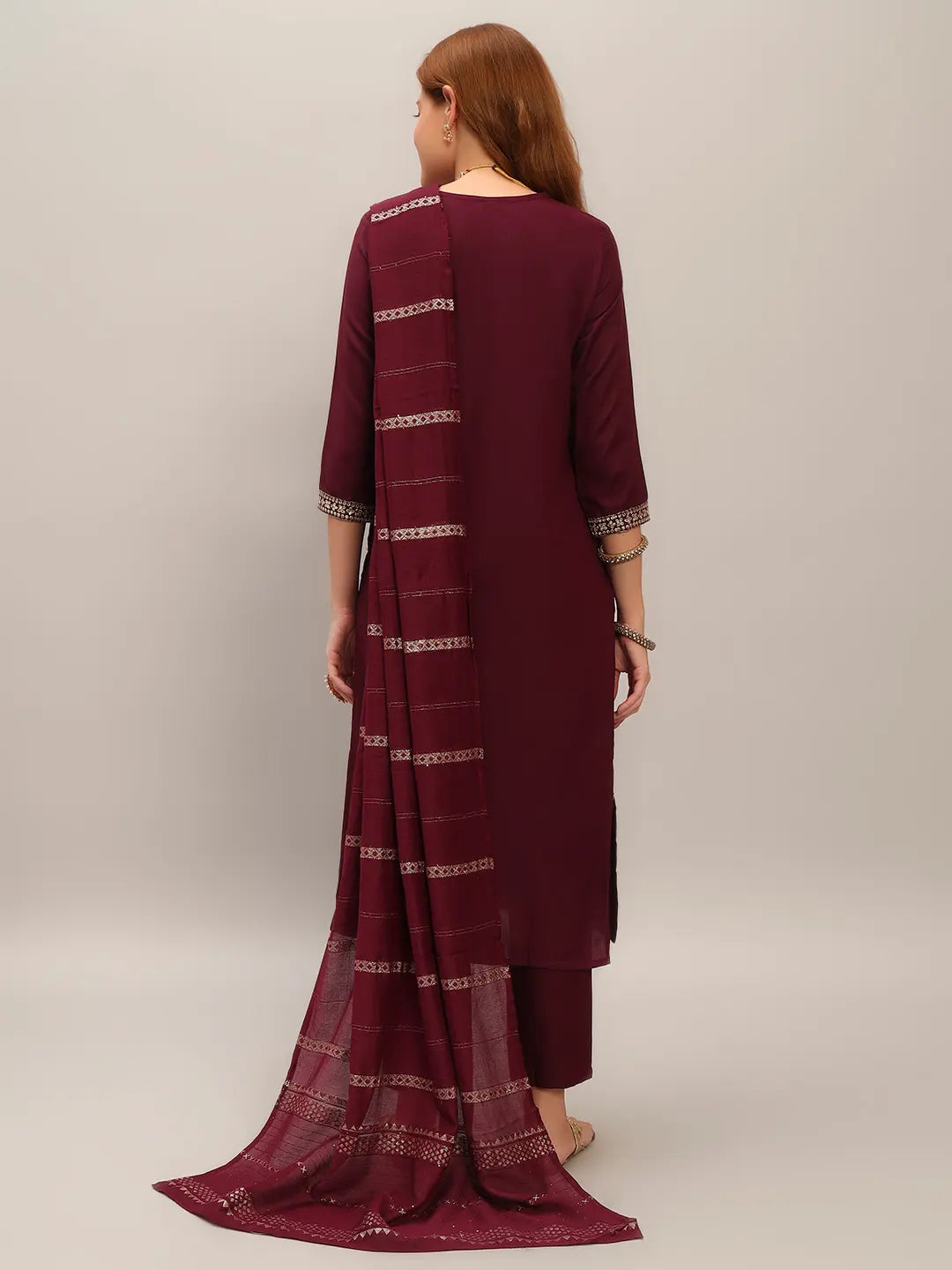 Women's Gorgeous Viscose Rayon Embroidery Straight Kurta with Pant And Dupatta Set Wine 3919