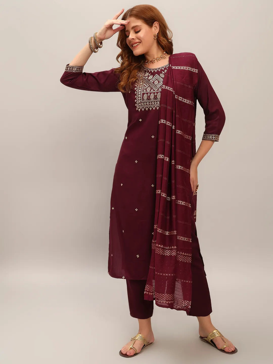 Women's Gorgeous Viscose Rayon Embroidery Straight Kurta with Pant And Dupatta Set Wine 3919