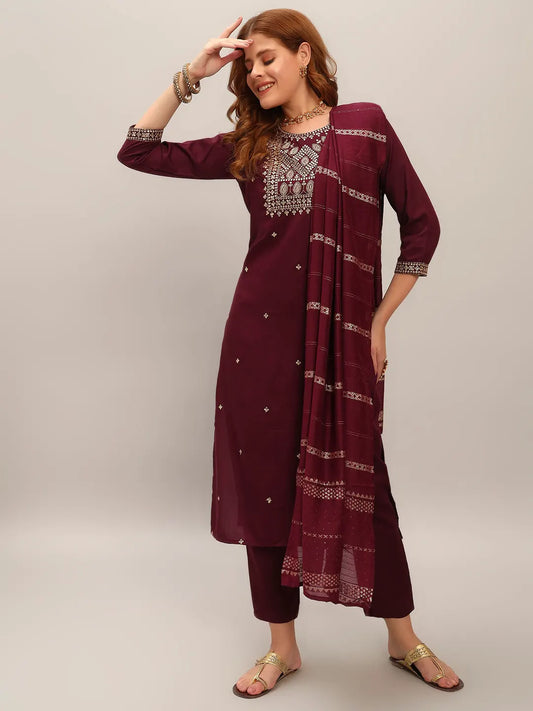 Women's Gorgeous Viscose Rayon Embroidery Straight Kurta with Pant And Dupatta Set Wine 3919