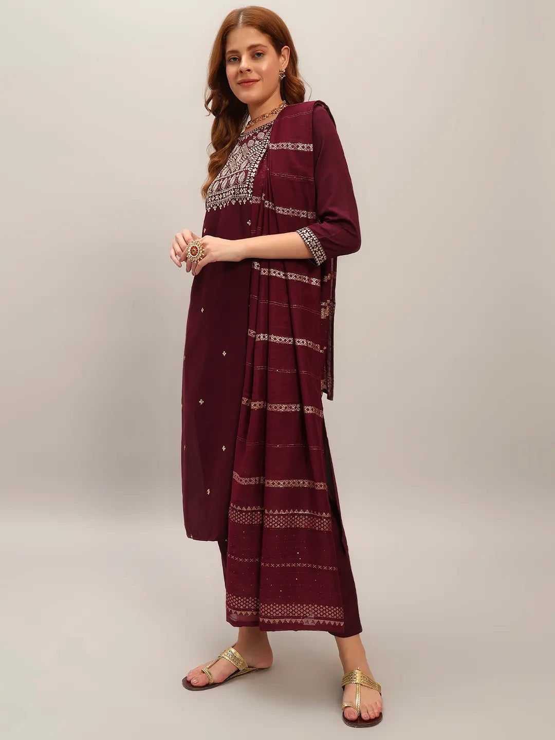Women's Gorgeous Viscose Rayon Embroidery Straight Kurta with Pant And Dupatta Set Wine 3919