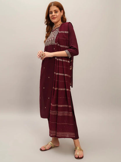 Women's Gorgeous Viscose Rayon Embroidery Straight Kurta with Pant And Dupatta Set Wine 3919