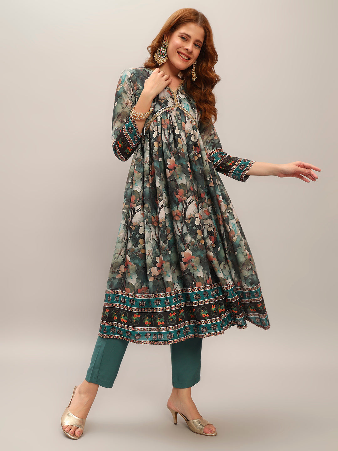 Women's Gorgeous Chanderi Silk Embroidery Flared Kurta with Pant And Dupatta Set