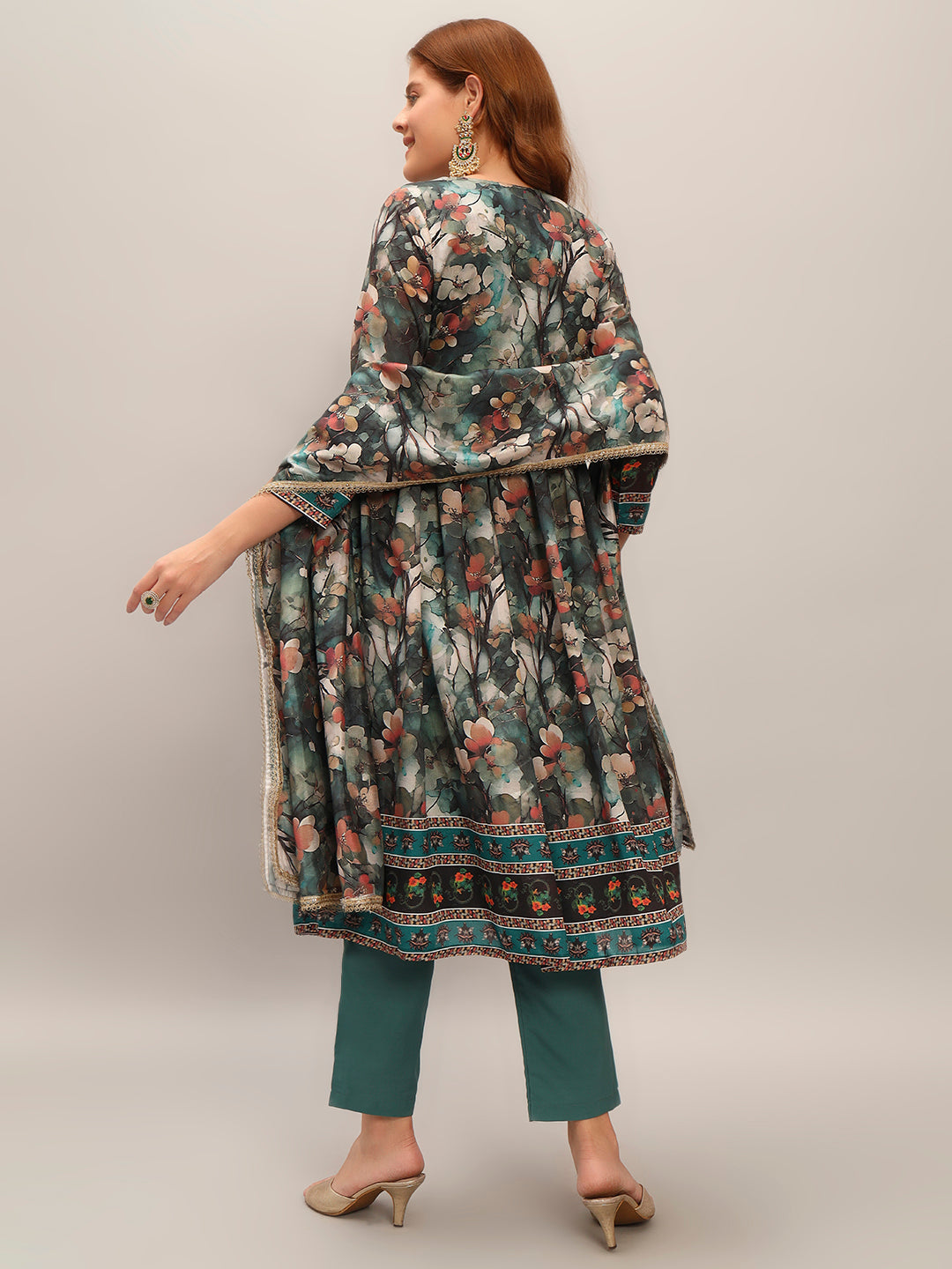 Women's Gorgeous Chanderi Silk Embroidery Flared Kurta with Pant And Dupatta Set