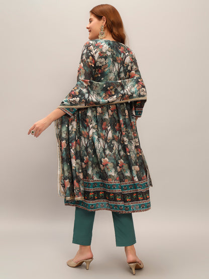 Women's Gorgeous Chanderi Silk Embroidery Flared Kurta with Pant And Dupatta Set