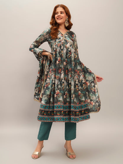 Women's Gorgeous Chanderi Silk Embroidery Flared Kurta with Pant And Dupatta Set