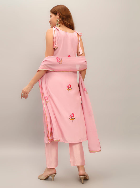 Pink Women's Crepe Fabric Straight Printed Kurta, Pant and Dupatta Set