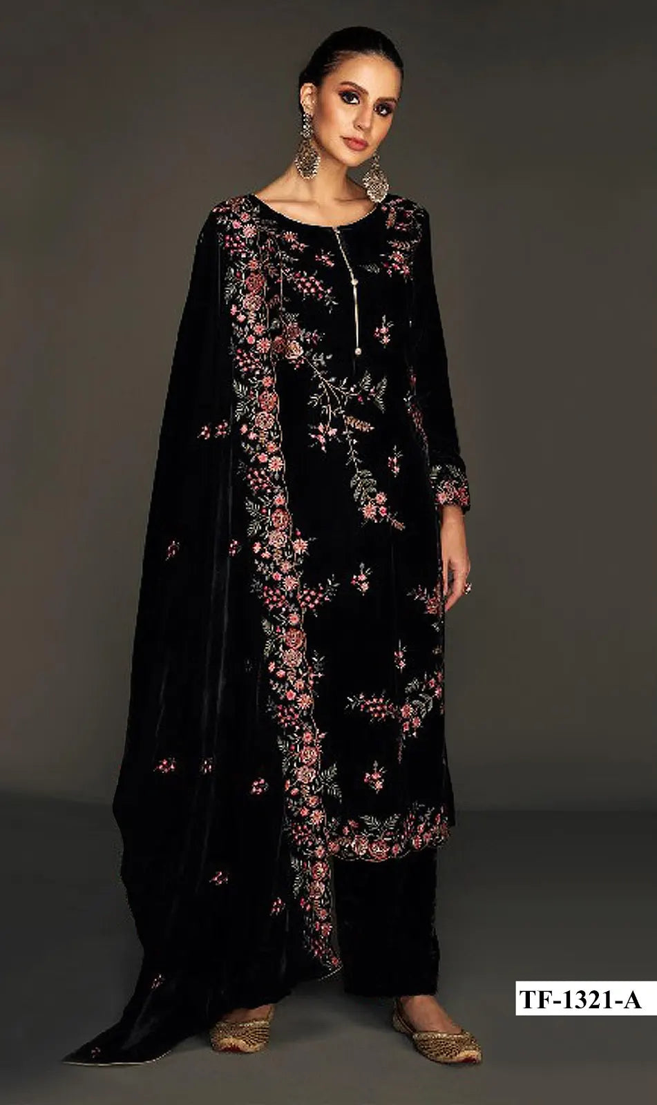 Black Pure Velvet Semi Stitched Suit with Heavy Embroidery Sequence Work
