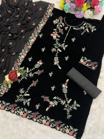 Black Pure Velvet Semi Stitched Suit with Heavy Embroidery Sequence Work