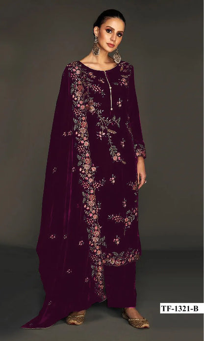Purple Pure Velvet Semi Stitched Suit with Heavy Embroidery Sequence Work