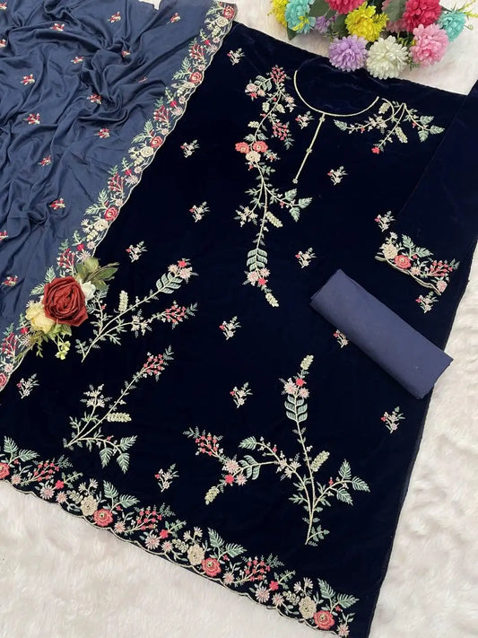 Navy Pure Velvet Semi Stitched Suit with Heavy Embroidery Sequence Work