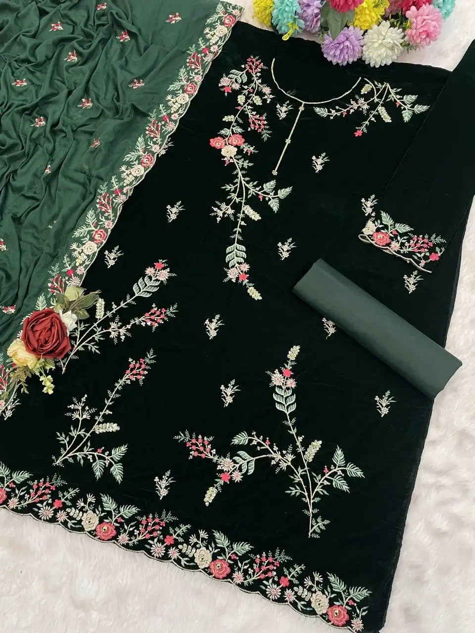 Green Pure Velvet Semi Stitched Suit with Heavy Embroidery Sequence Work