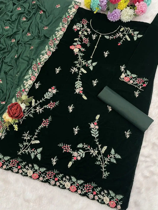 Green Pure Velvet Semi Stitched Suit with Heavy Embroidery Sequence Work