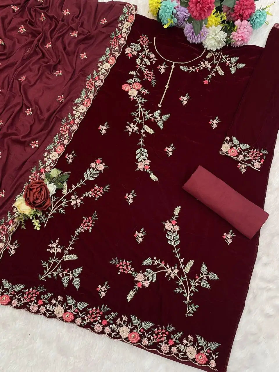 Maroon Pure Velvet Semi Stitched Suit with Heavy Embroidery Sequence Work
