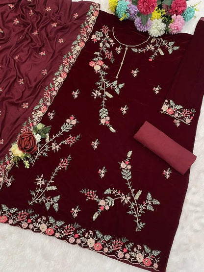 Maroon Pure Velvet Semi Stitched Suit with Heavy Embroidery Sequence Work