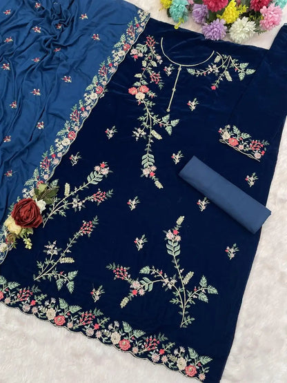 Teal Pure Velvet Semi Stitched Suit with Heavy Embroidery Sequence Work