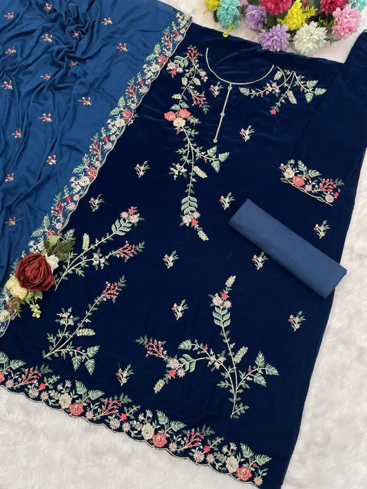 Teal Pure Velvet Semi Stitched Suit with Heavy Embroidery Sequence Work