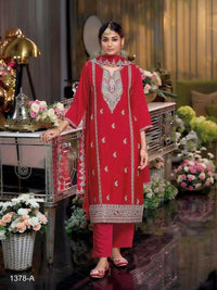 Red Heavy Chinon Reaymade Suit with Embroidery & Sequence Work