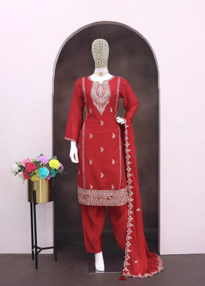 Red Heavy Chinon Reaymade Suit with Embroidery & Sequence Work