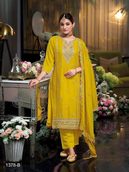 Yellow Heavy Chinon Reaymade Suit with Embroidery & Sequence Work