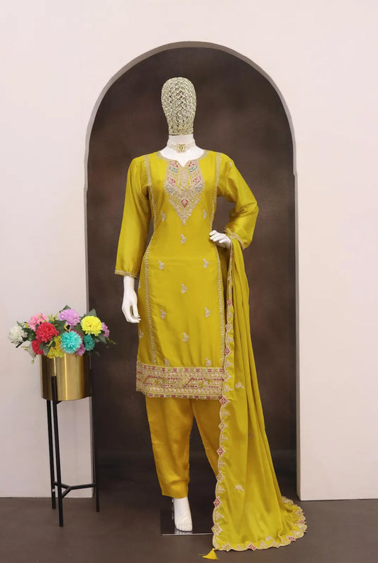 Yellow Heavy Chinon Reaymade Suit with Embroidery & Sequence Work