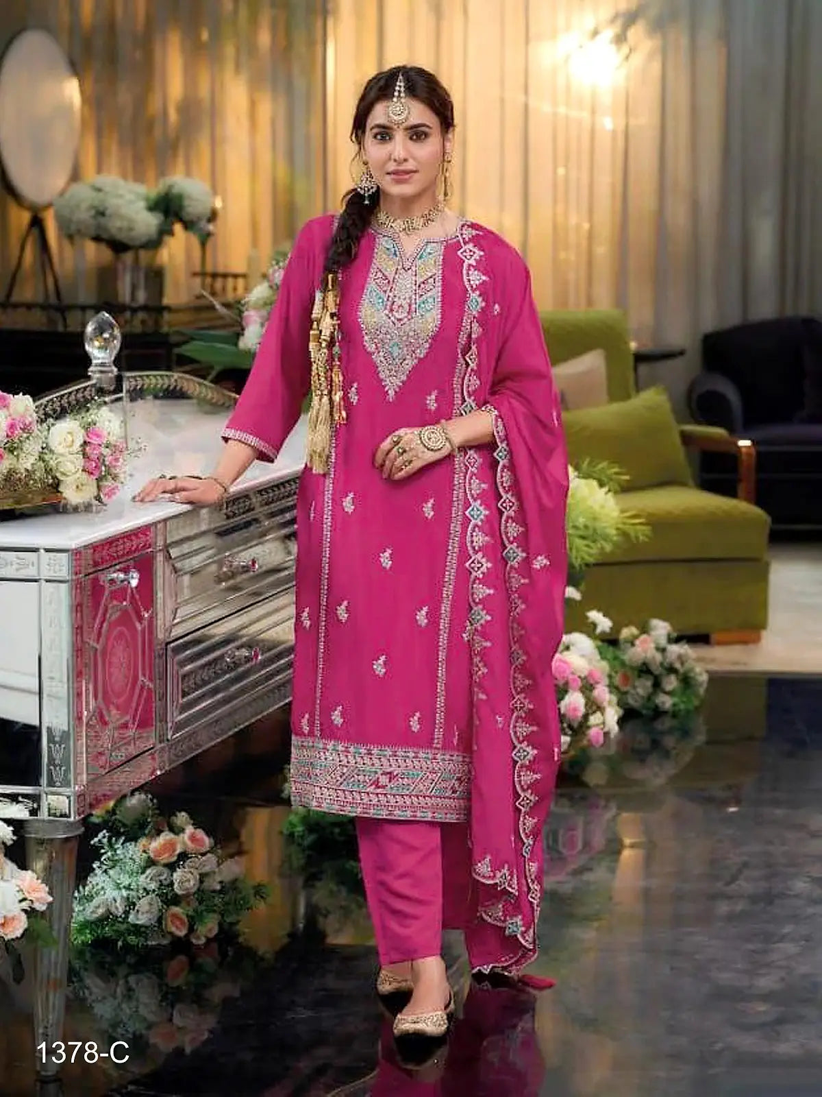 Rani Pink Heavy Chinon Reaymade Suit with Embroidery & Sequence Work