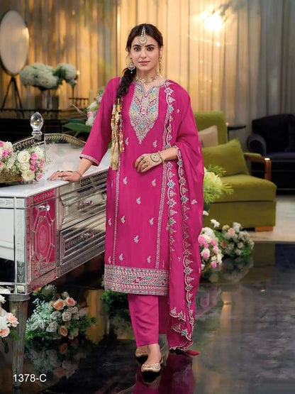 Rani Pink Heavy Chinon Reaymade Suit with Embroidery & Sequence Work