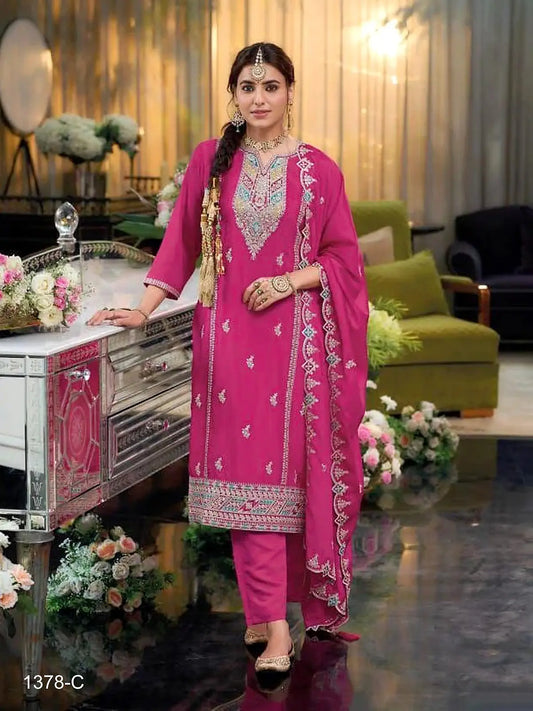 Rani Pink Heavy Chinon Reaymade Suit with Embroidery & Sequence Work