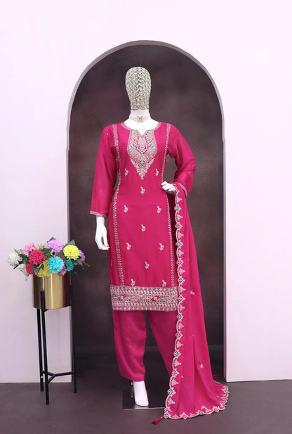 Rani Pink Heavy Chinon Reaymade Suit with Embroidery & Sequence Work