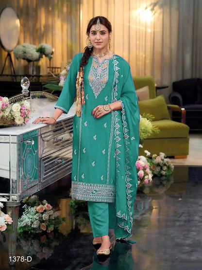 Turquoise Heavy Chinon Reaymade Suit with Embroidery & Sequence Work