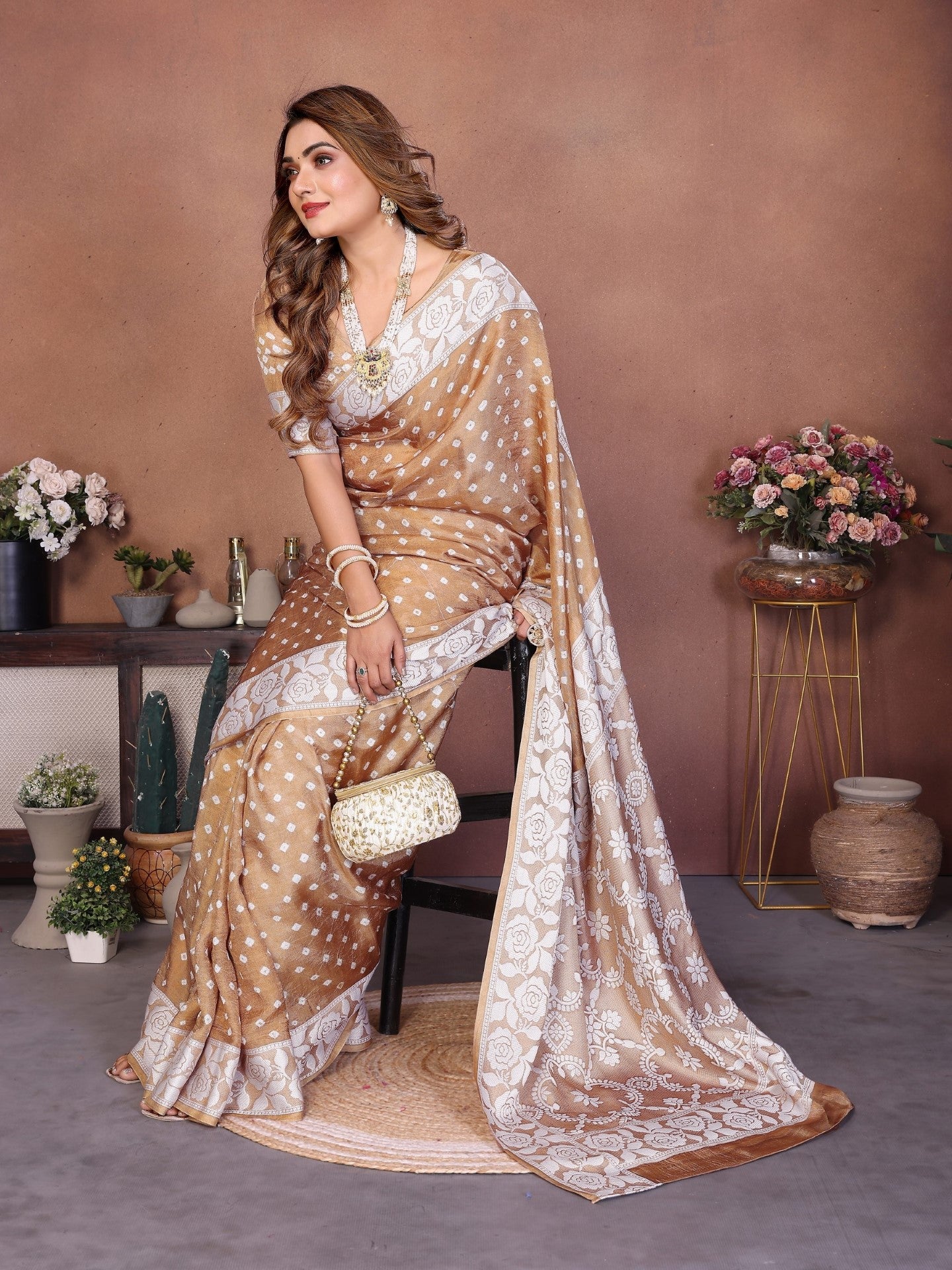 Cream Handmade Bhandhej Viscos Silk Saree With Blouse
