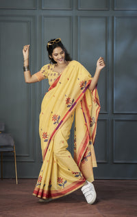 Yellow Designer Weaving Handloom Linen Saree With Blouse