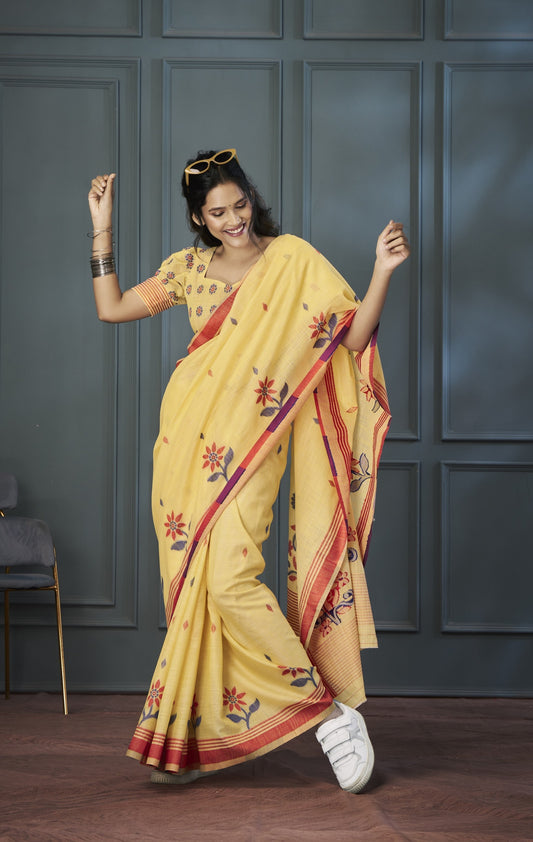 Yellow Designer Weaving Handloom Linen Saree With Blouse