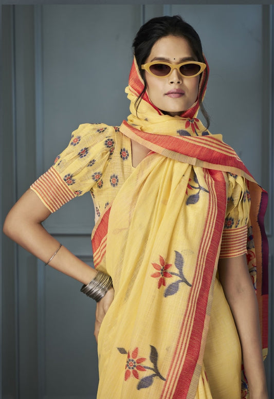 Yellow Designer Weaving Handloom Linen Saree With Blouse
