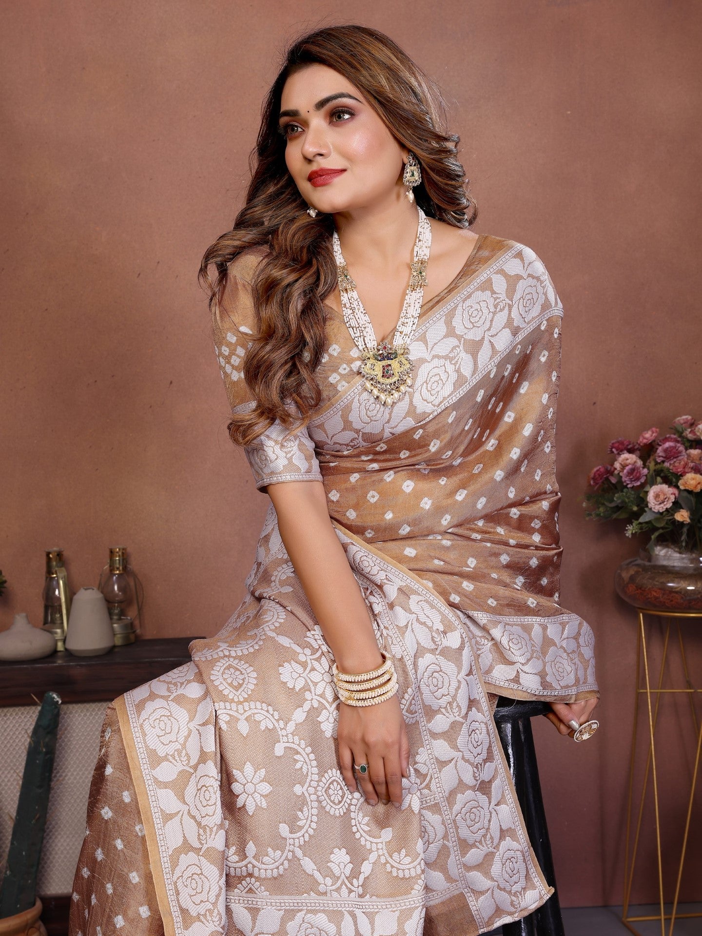 Cream Handmade Bhandhej Viscos Silk Saree With Blouse