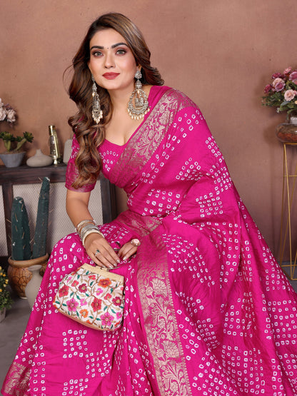 Pink Handmade Bhandhej Viscos Silk Saree With Blouse