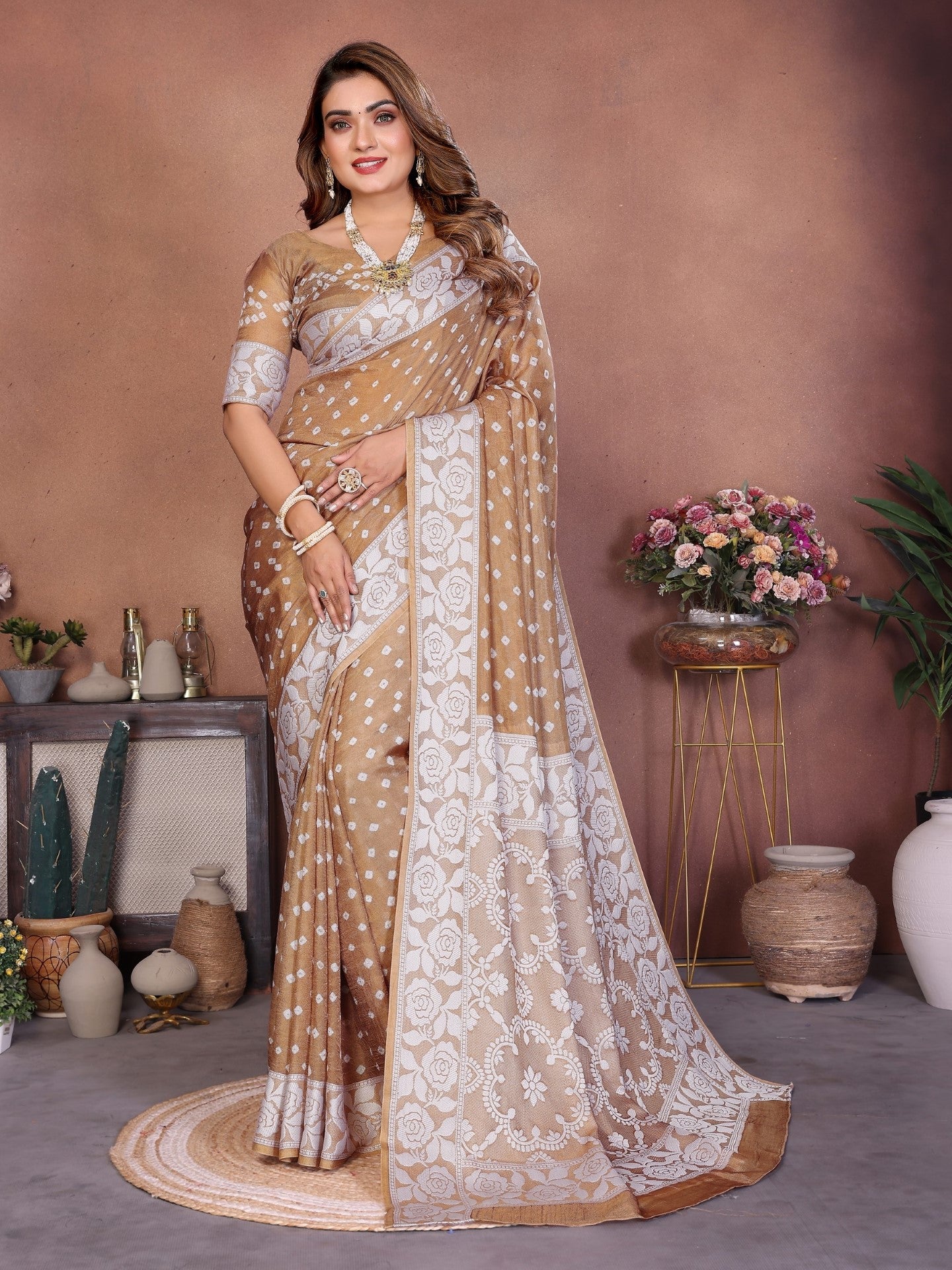 Cream Handmade Bhandhej Viscos Silk Saree With Blouse