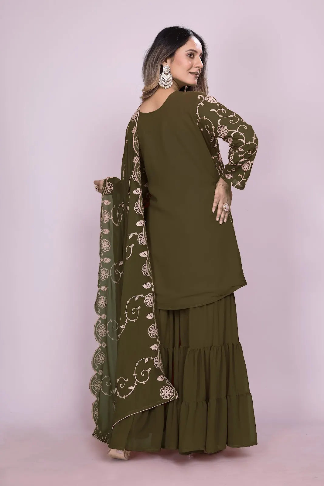 Women's Fox Georgette fabric Embroidery work Kurta with Sharara and Dupatta set 71 Mehndi