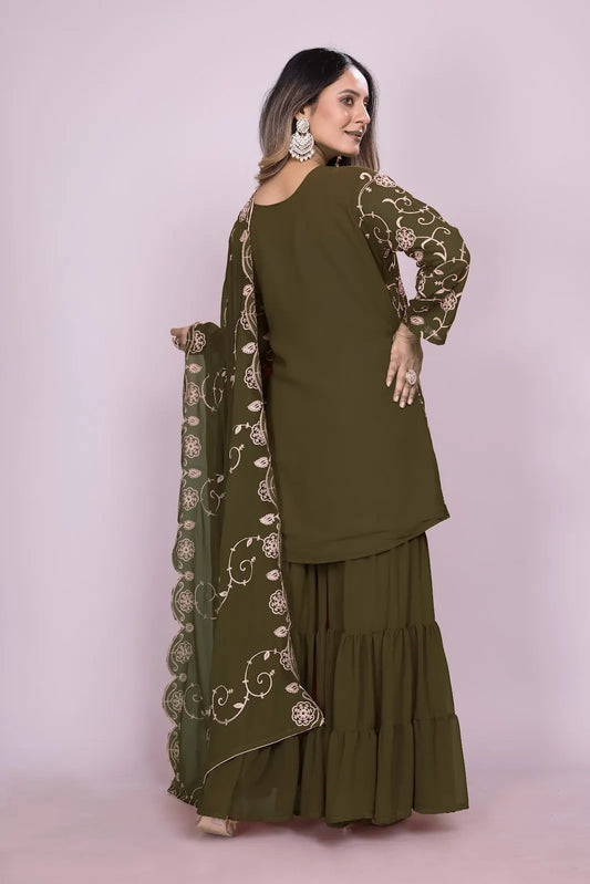 Women's Fox Georgette fabric Embroidery work Kurta with Sharara and Dupatta set 71 Mehndi