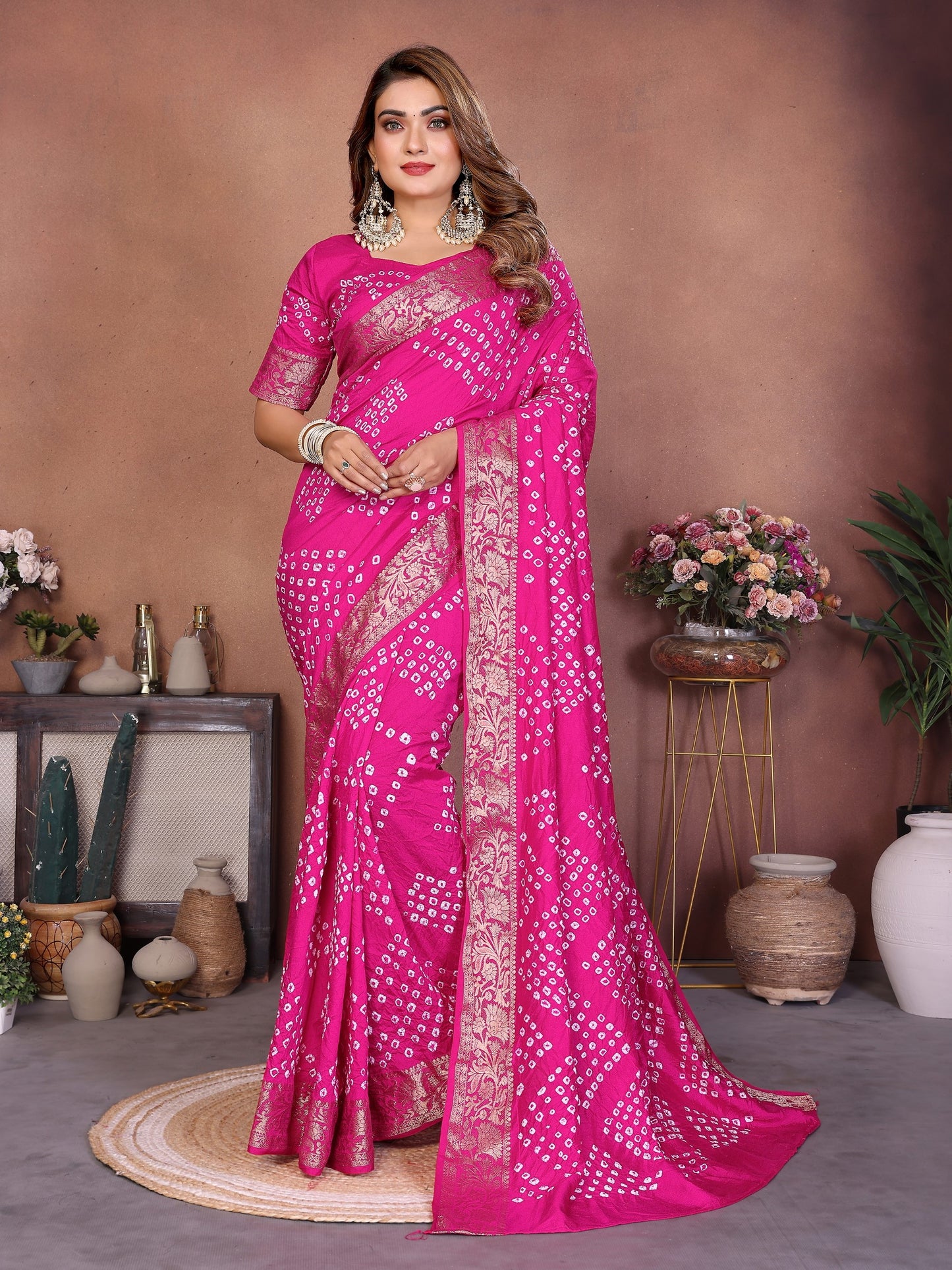 Pink Handmade Bhandhej Viscos Silk Saree With Blouse