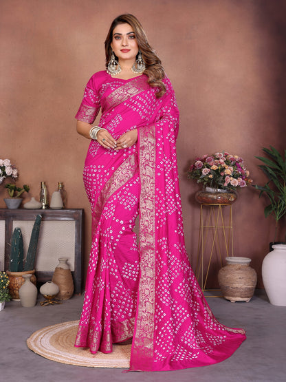 Pink Handmade Bhandhej Viscos Silk Saree With Blouse