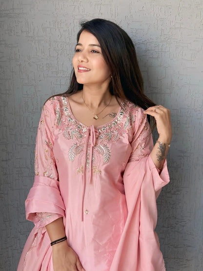 Baby Pink Crape Readymade Kurti Set with Beads Sequence Work