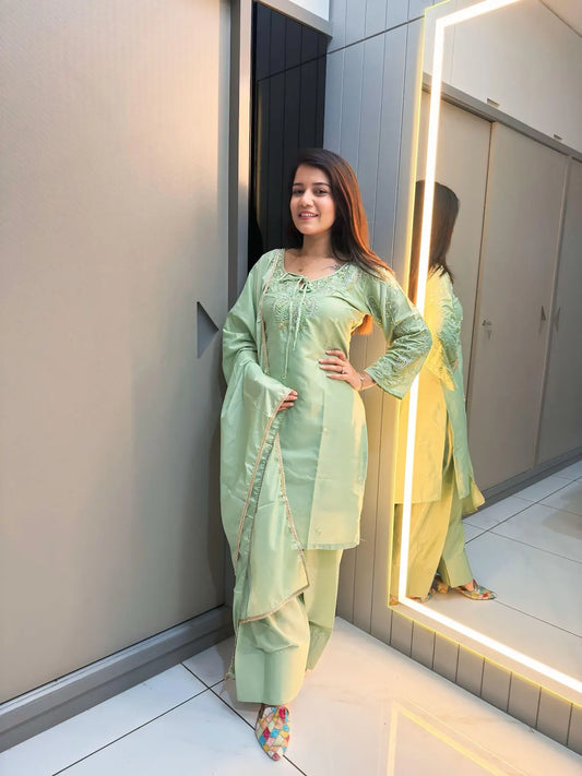 Green Crape Readymade Kurti Set with Beads Sequence Work