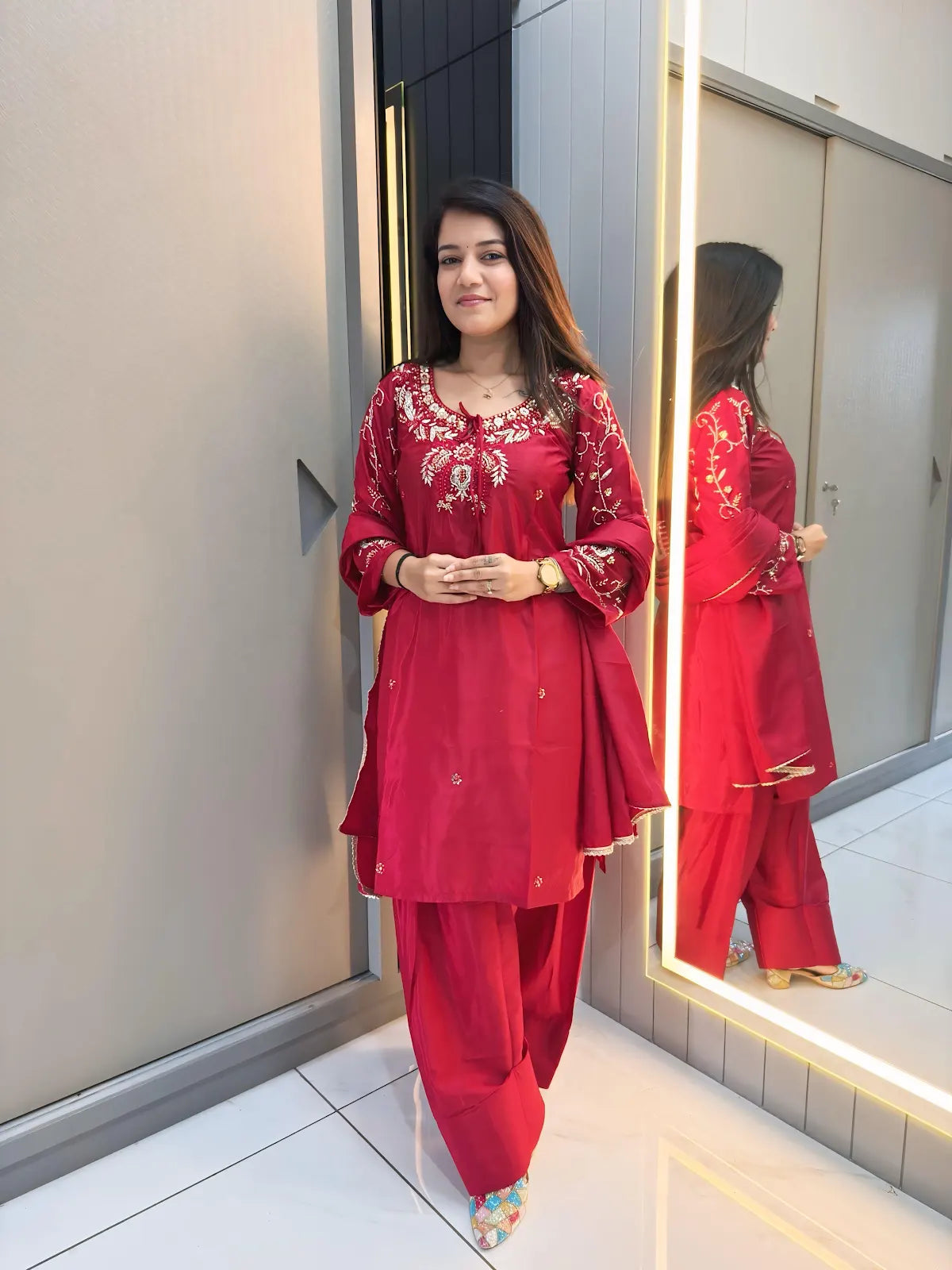 Red Crape Readymade Kurti Set with Beads Sequence Work