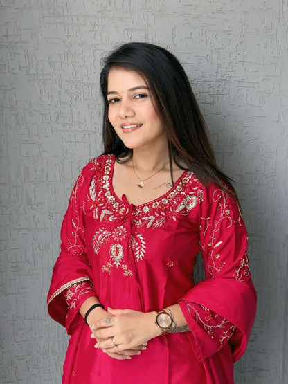 Red Crape Readymade Kurti Set with Beads Sequence Work
