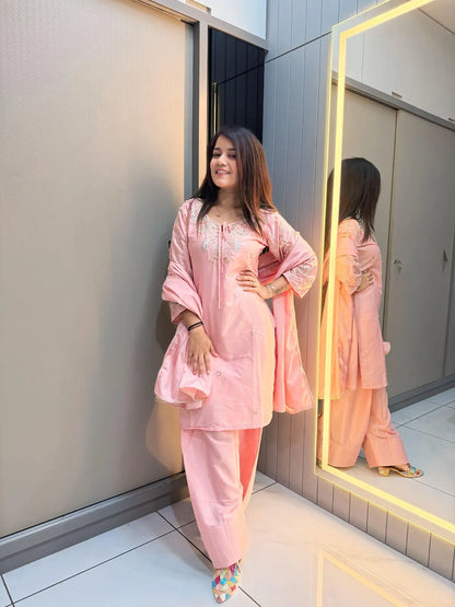 Peach Crape Readymade Kurti Set with Beads Sequence Work