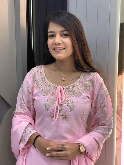 Peach Crape Readymade Kurti Set with Beads Sequence Work