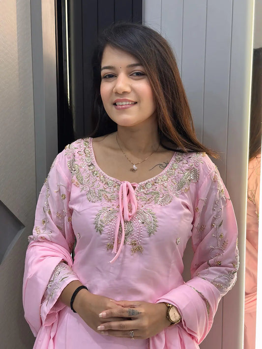 Peach Crape Readymade Kurti Set with Beads Sequence Work