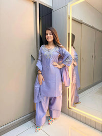 Lavender Crape Readymade Kurti Set with Beads Sequence Work