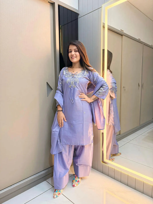 Lavender Crape Readymade Kurti Set with Beads Sequence Work