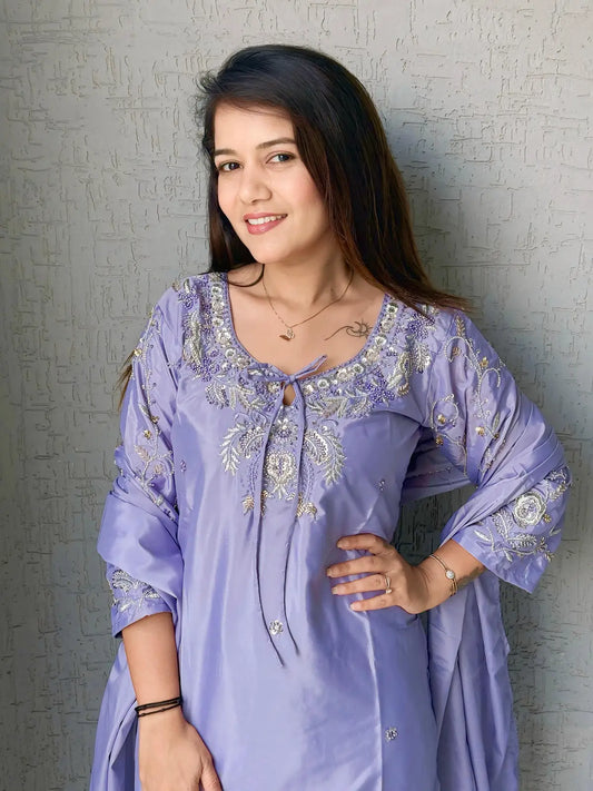 Lavender Crape Readymade Kurti Set with Beads Sequence Work